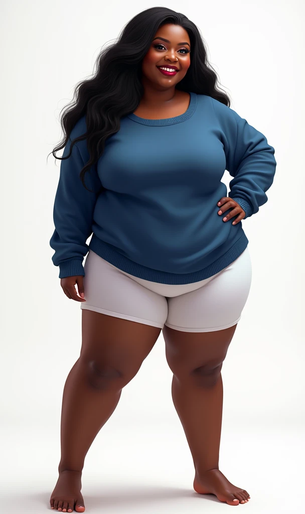 (masterpiece, best quality)), ((((perfect anatomy)))), Heavyset black woman with long black hair, dark eyeshadow, dark red lipstick, blue sweater, (((big white cotton panties))), big booty, smiling, (((photo realistic)))