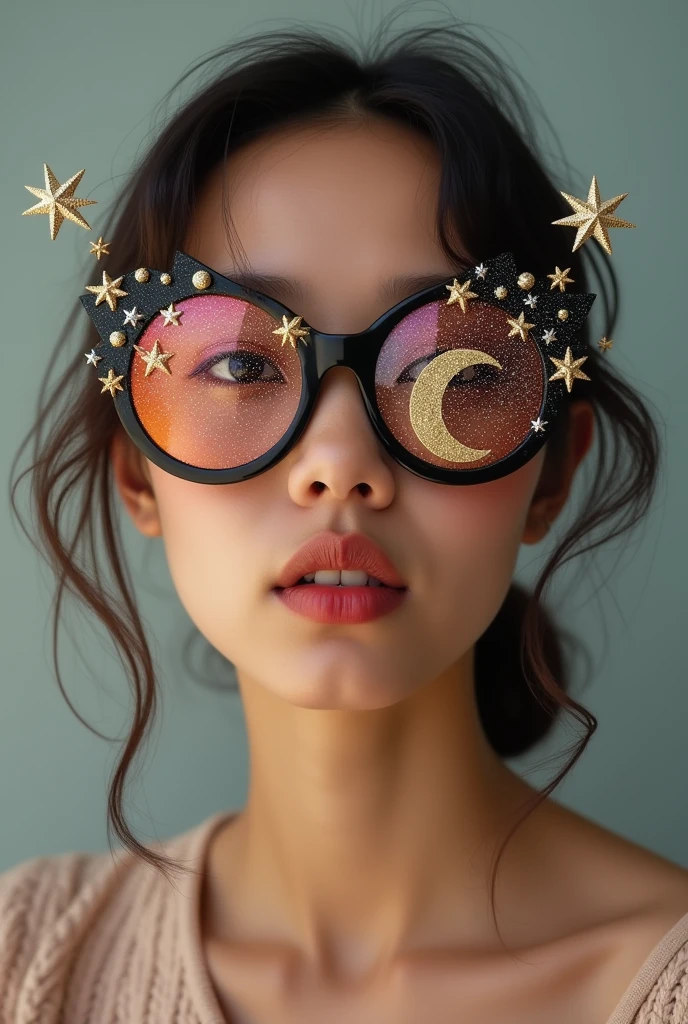 The model is wearing glass sunglasses with stars and the moon on the glass