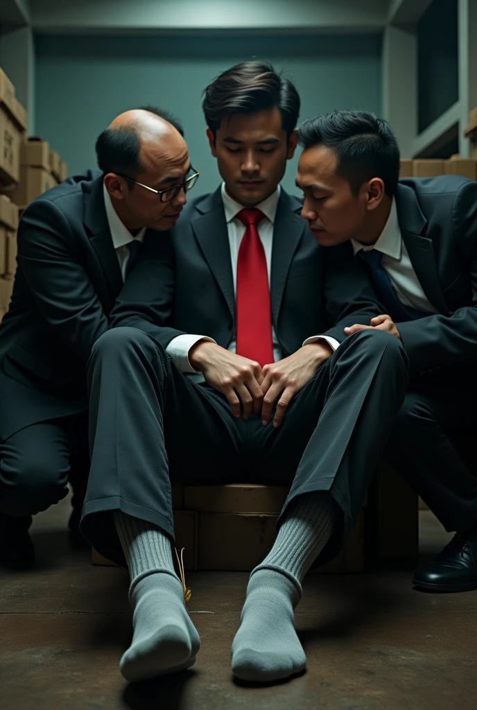 Malaysia malay handsome 21 years celebrity
His handcuff  in warehouse 
Blindfolded
Black Suit and Red tie
feet on desk
feather
shoes on desk 
5 toes each feet 
Grey sock
Smock effect smelly sock
1 man sniff  his socks
1 another man  tickling his feet using feather
He laugh very hard