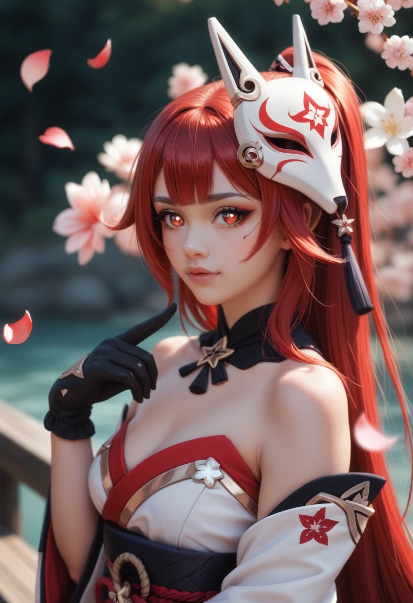 By personalami. sparkle \(honkai: star rail\),1girl,solo,gloves,mask,japanese clothes,black gloves,bare shoulders, black with red line hair, four flower petals pupils red eyes
