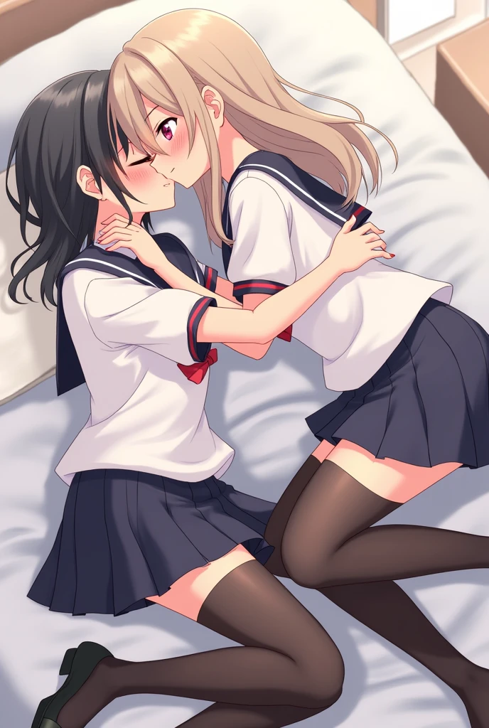 masterpiece, Highest quality, so beautiful, Absurd,High resolution,One girl, (((One ))),Cuddling in bed, like,sexy,Look at each one, blush,Age difference,bow tie,Blonde,chest,pleated skirt,Tucked in shirt,Tent shirt,bare bra,NSFW,((女の子より小さい男の子,Boy is smaller than women)),sex,physique difference,huge breasts, pussyhole