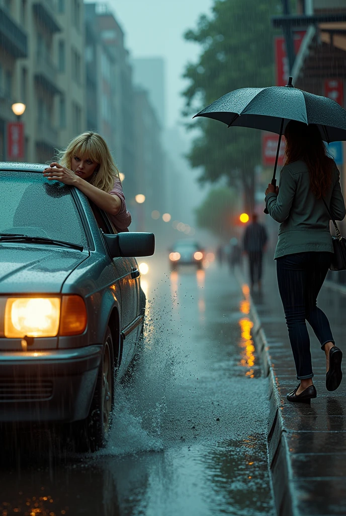 a blonde woman is driving her car in a rainstorm and is purposely wetting a woman who is sheltering from the heavy rain under a canopy on the sidewalk. The car is coming from the front and you can see the angry face the blonde woman is making when she gets the woman wet.