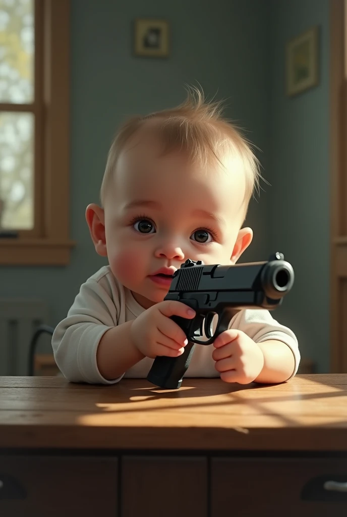 leaning over a table holding a pistol
