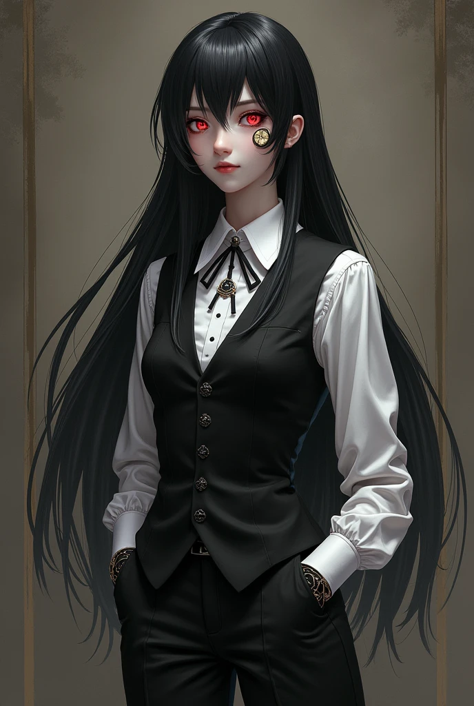 teenager with long black hair, 192cm tall, slim body looks like a young teenager but has terrible power contained in it, two-colored eyes: left eye is bright blood red and pupil shaped like the Endless symbol, the right eye is golden in color and the pupil is shaped like an analog clock. Costume: white shirt inside, elegant black vest outside, elegant, thick black pants, black gloves, monocle, gemstone ring on the ring finger of the right hand