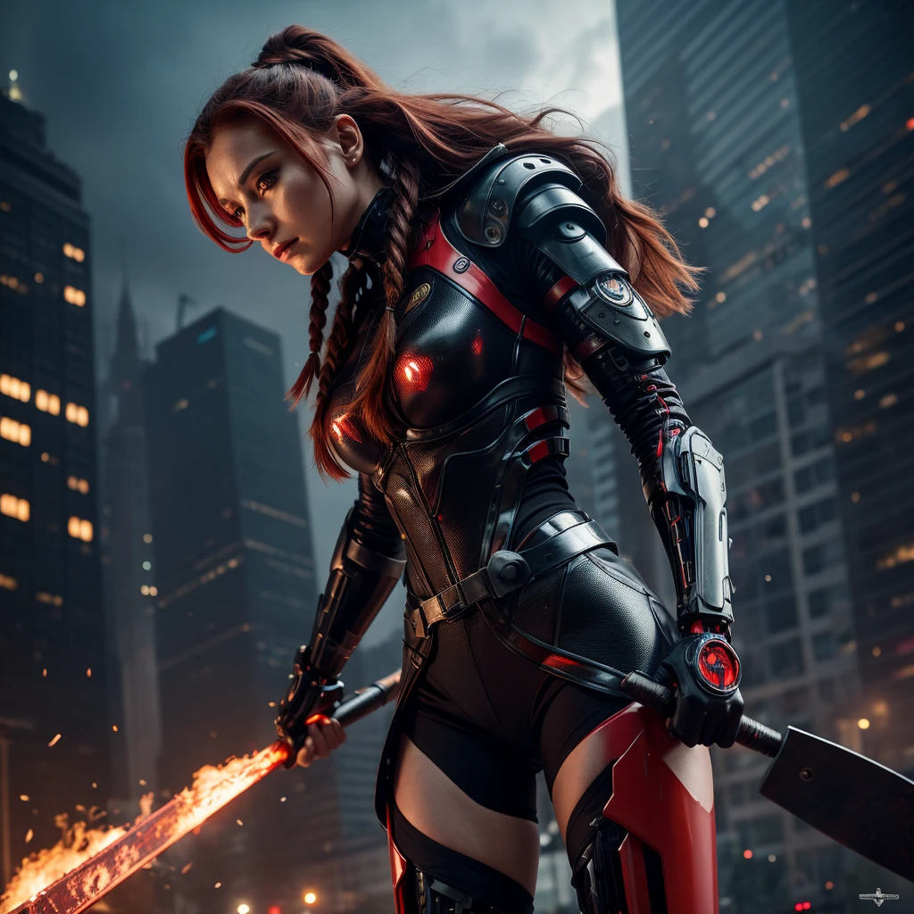 a hyper realistic photo, hdr definition, uhd realistic photo, a woman, 2, long braided red hair, perfect body with measurements that make you dream, she wears a futuristic cybernetic red and black firefighter outfit, visible bionic arm, her helmet a visor with visible holographic information, she carries an ax in her hands, background a city in flames, dark and frightening atmosphere, the details of the armor are pushed to the maximum and make this scene a masterpiece