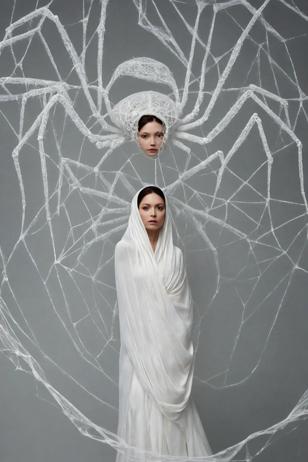 A woman wrapped up in white silk and spiderweb, with a giant spider behind her