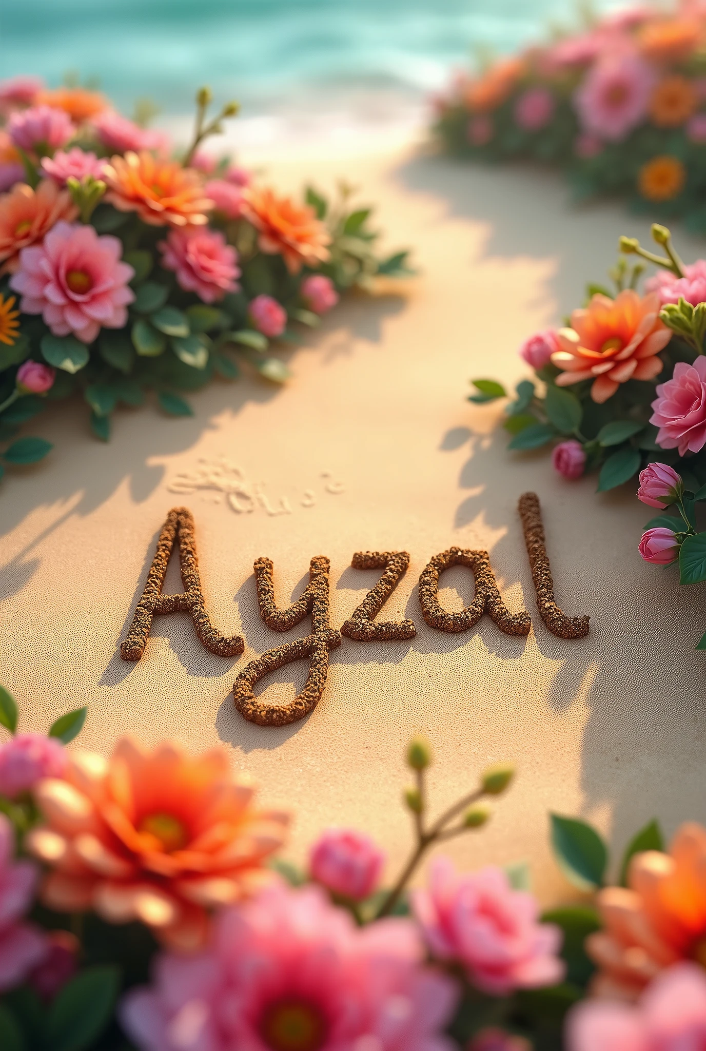 My name Ayzal written on sand with lots of flowers, 8k high quilty
