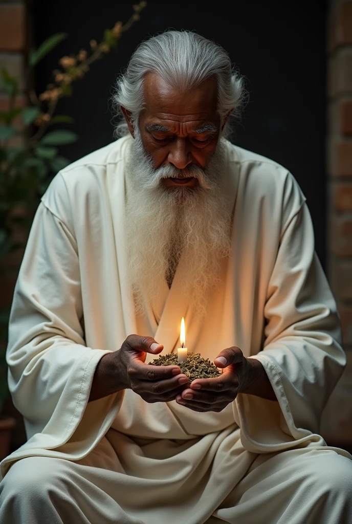 Old black man dressed in white with white beard lighting a candle and holding herbs 