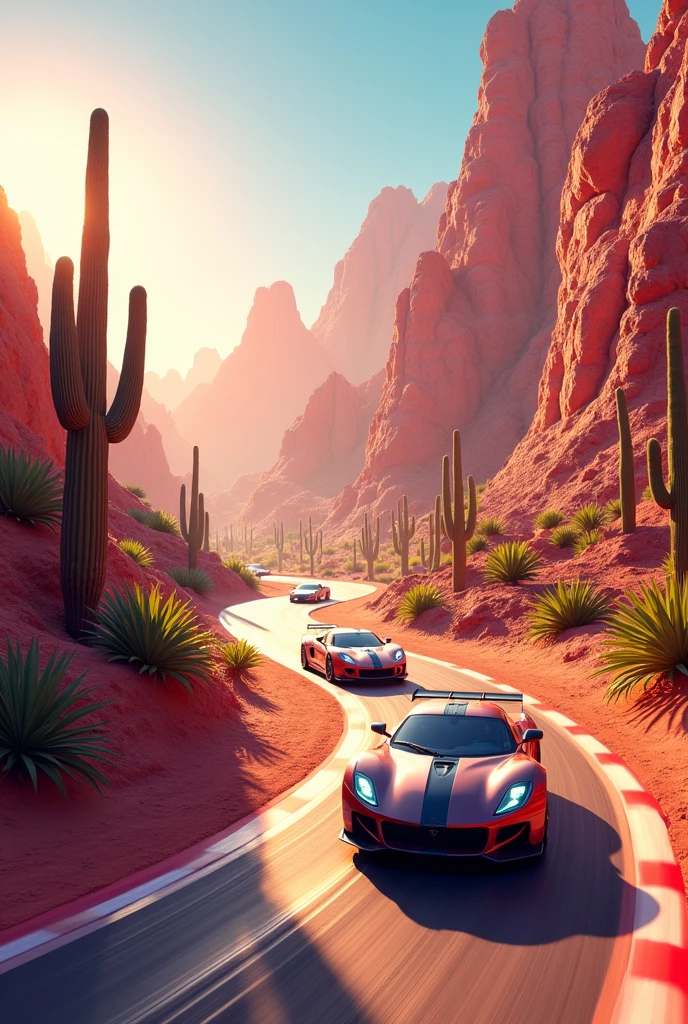 Create a racing track with fashionable cars in the Mexican desert, they are driving forward in the background, the background of mountains, cacti. There is a playground in the foreground. Everything is in golden pink tones. Add more landscape to the front of the picture