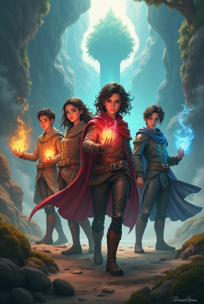 '{"prompt": "The characters that occupy the three parts of the element: This cover should portray the four teenage characters, Pedro, Lívia, Thiago and Fernando on an epic journey, each of them holding one of the pieces of the essential element. The scenery around you can be filled with magic and mystery, with elements representing the dark forces you are destined to combat.", "max_tokens": 256, "num_outputs": 1}., illustration, 3d render, cinematic, product