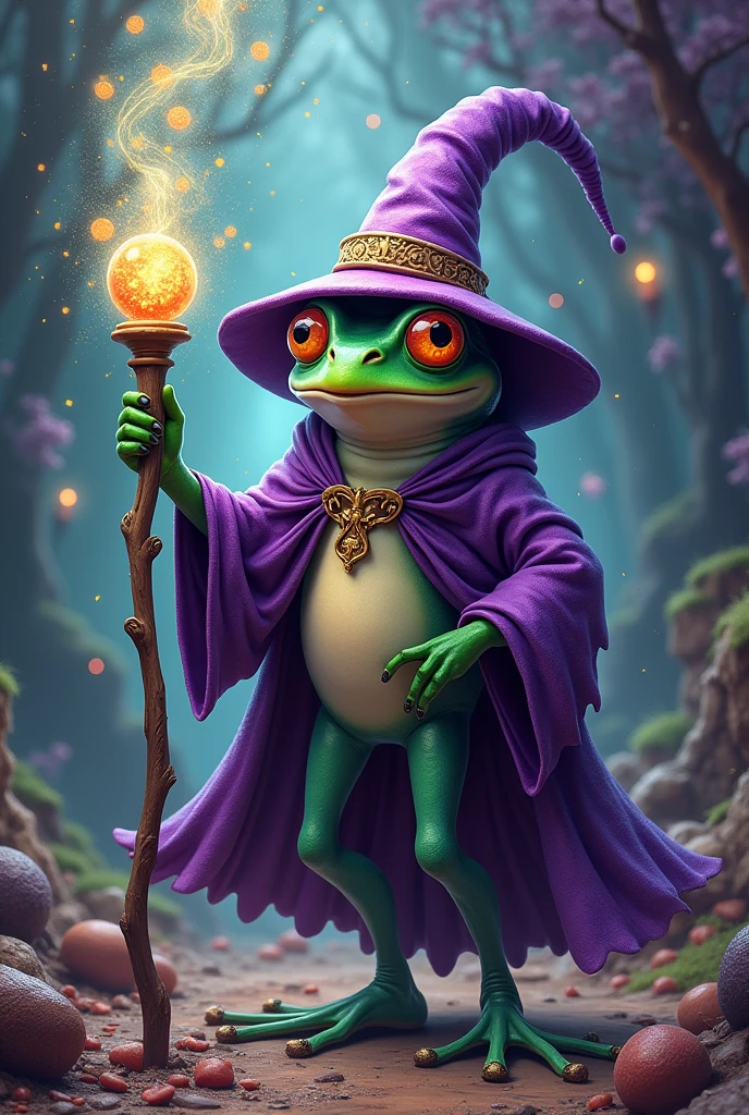 wizard frog with genie-like legs, wearing a purple cloak, purple hat, raining ecstasy drugs with magic from his staff
