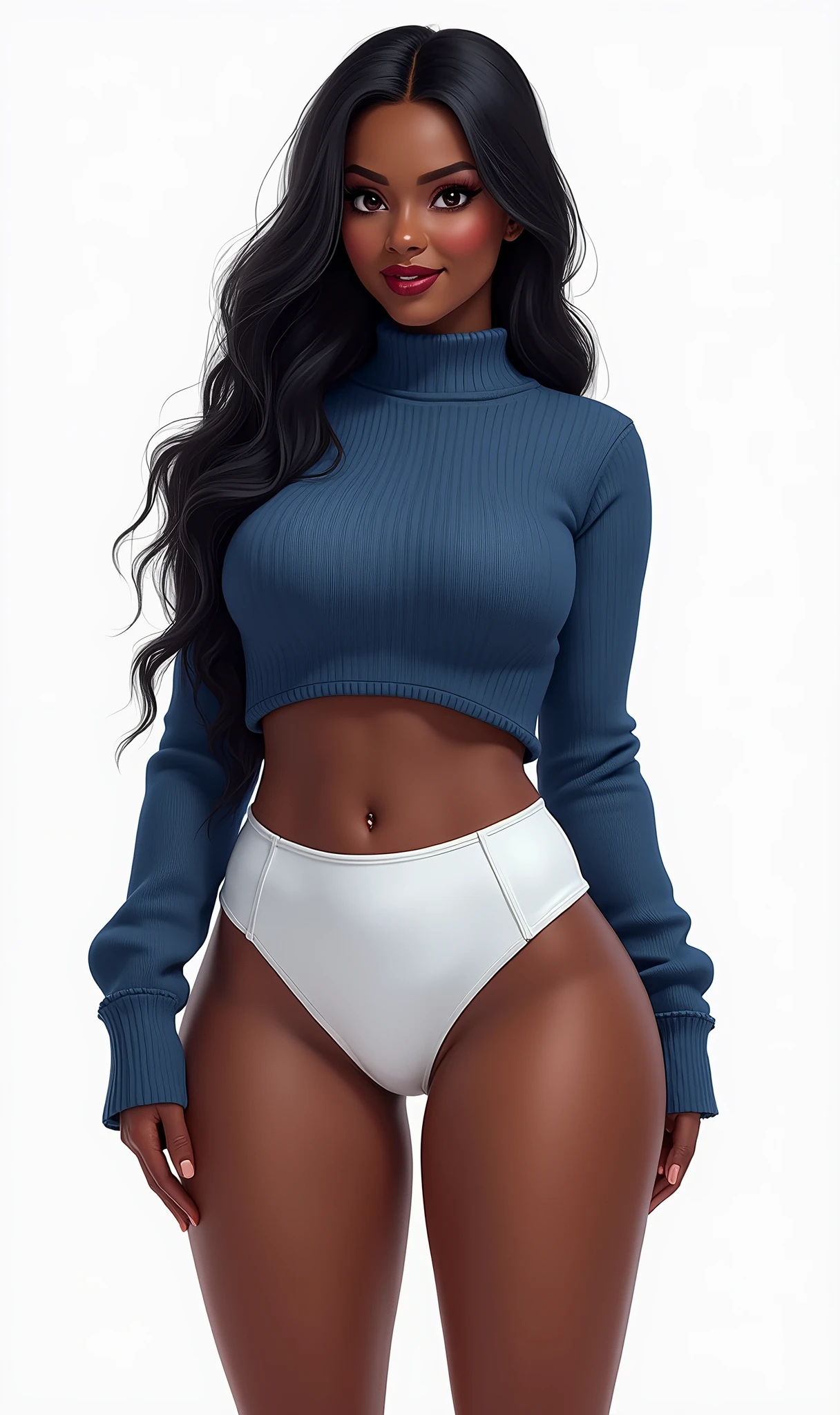 (masterpiece, best quality)), ((((perfect anatomy)))), Heavyset black woman with long black hair, dark eyeshadow, dark red lipstick, blue sweater, (((big white cotton panties))), big booty, smiling, (((photo realistic)))