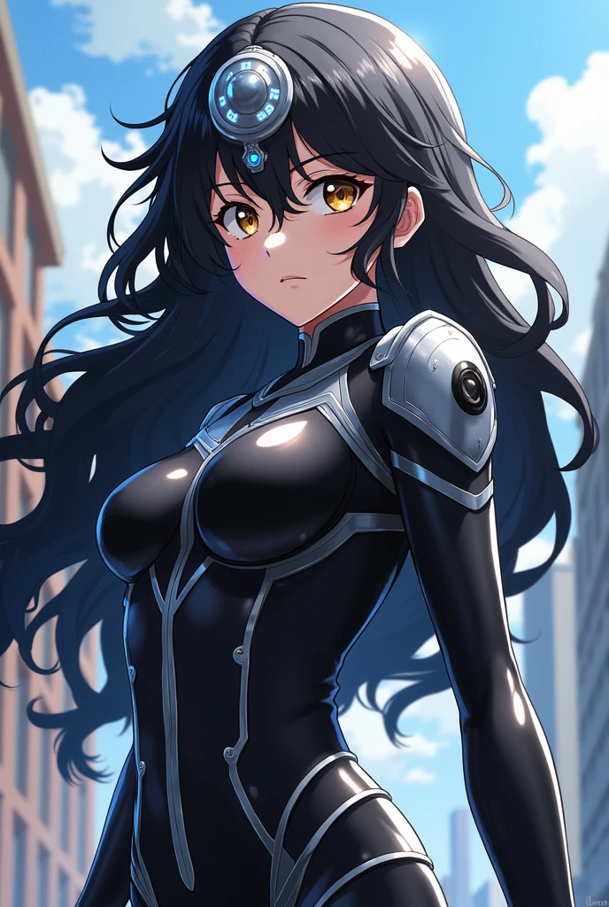 Lily Kirishima has long curly black hair and light brown eyes.. He wears a black hero suit with silver details and a device on his head that helps control his Quirk in Boku no Hero Academia. 

