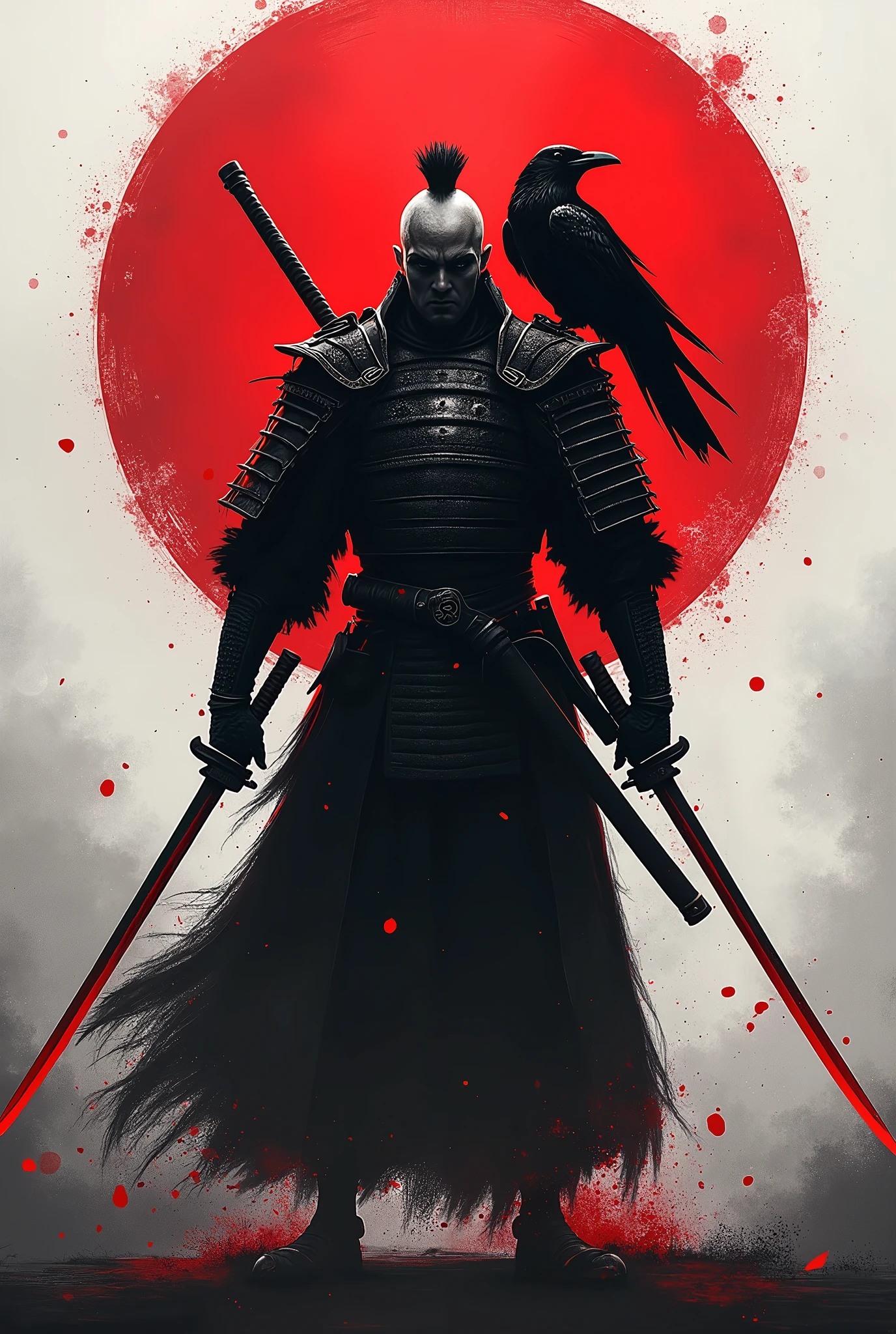 Two-sword samurai with a red aura with a raven on his shoulder in black and white
