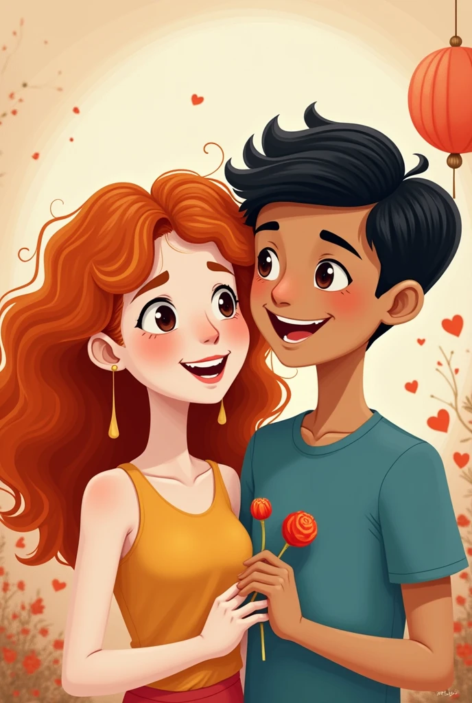 Young woman with curly copper hair, White skin, Brown eyes, with her boyfriend dark straight hair, Brown skin, Chinese race. cartoon
