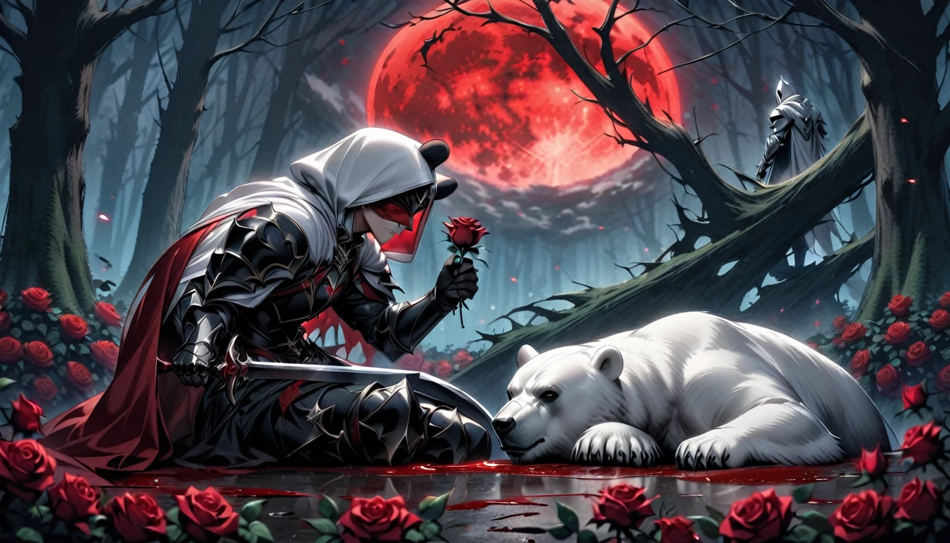 Male knight with a white hood with bear ears with sword behind his back sits on the ground towards a polar bear in a forest while the moon shines, many Roses cover the ground and lightning falls from the sky. The polar bear sleeps in front of the knight. Only the man wears a red blindfold. In the background of the picture is the blood moon and a tree has fallen down in the path. The forest is full of trees with leaves. The armor of the man is black and red roses decorate it. The knight has its sword in his hand.