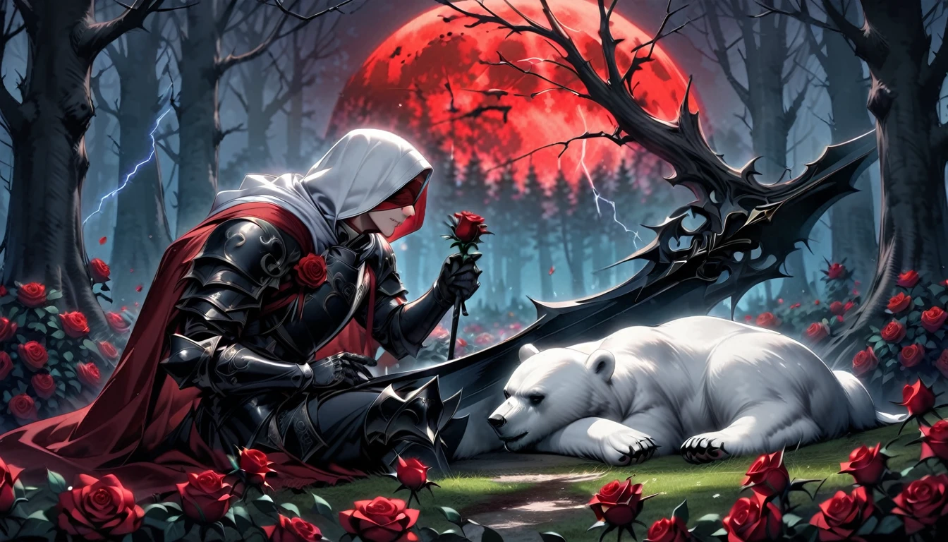 Male knight with a white hood with bear ears with sword behind his back sits on the ground towards a polar bear in a forest while the moon shines, many Roses cover the ground and lightning falls from the sky. The polar bear sleeps in front of the knight. Only the man wears a red blindfold. In the background of the picture is the blood moon and a tree has fallen down in the path. The forest is full of trees with leaves. The armor of the man is black and red roses decorate it. The knight has its sword in his hand.