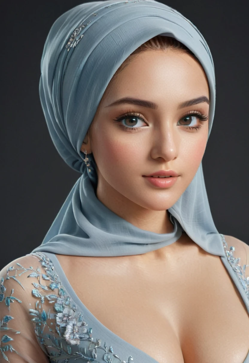 8k, Hyper resolution, extremely detailed, A very detailed, Full body 3D rendering of a realistic woman wearing a hijab with an accurate face. She is naked and standing confidently showing off a sexy body., Black background, attracting attention for its cheerful and elegant appearance. Your skin is soft, naturally shiny and healthy, and his eyes are bright and expressive. The overall style is a mix of realism and a touch of cartoon.., giving it a lively look. use soft photographic lighting.