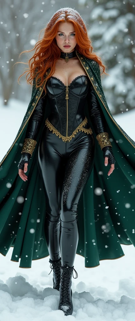 Young Triss merigold is wearing black latex wizard suit with a dark green cape and with golden details her ginger  hair is covered in snow she has big  and ass her suit is covered in snow she has freckles and green eyes she is wearing a tught dark corset she is wearing dark high heels