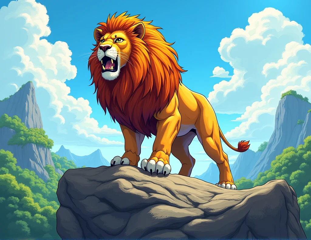 A fearless and strong lion on top of a giant rock, in the background of the image there are forests and a beautiful blue sky, I want the scene to have vibrant and very eye-catching colors, comic book style.
