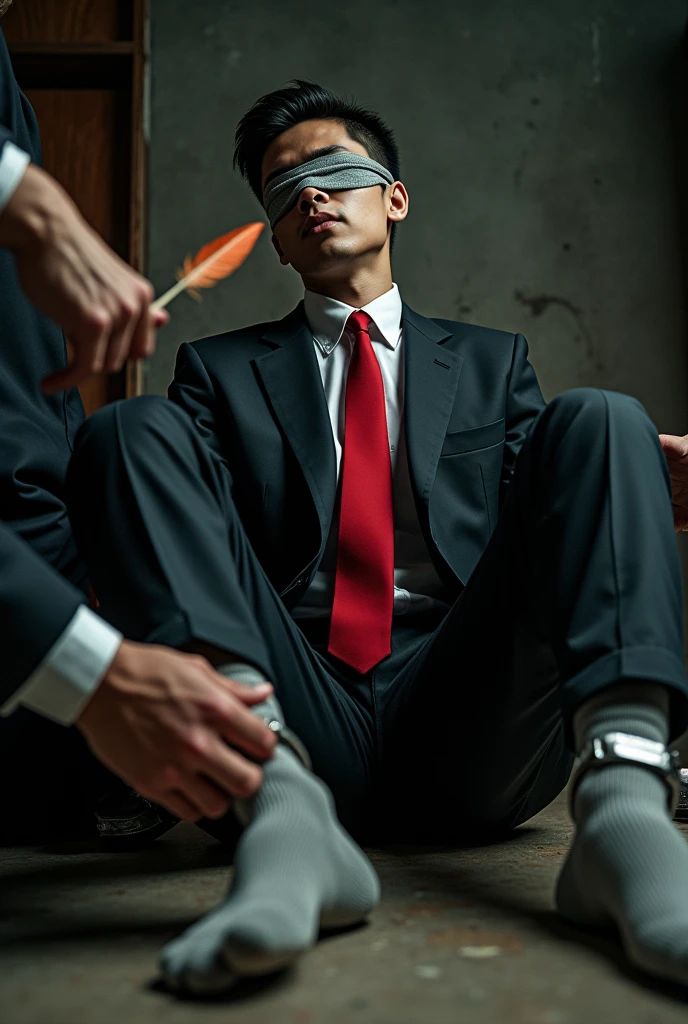 1boy、Handsome Men、Japanese male, 、Completely naked、Full nudity、erection、Huge penis、Highest quality、Realistic、beautiful、Sad look、 ((((Completely tied up with rope)))), ((((A very tight rope is crisscrossed over the chest)))),(((Body bound with tight rope)))、whole body、surrounded by men in suits、Inside the office、erection