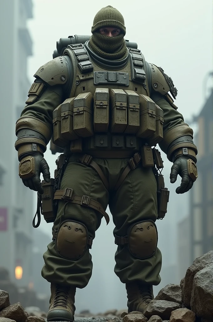 ultra realistic 8k, A white man. Heavy Infantry Army Soldier(ultra reslista). He wears a camouflage balaclava . Muscular and corpulent physique of 2,30 meters high(Realist 8K). He wears a bomb suit