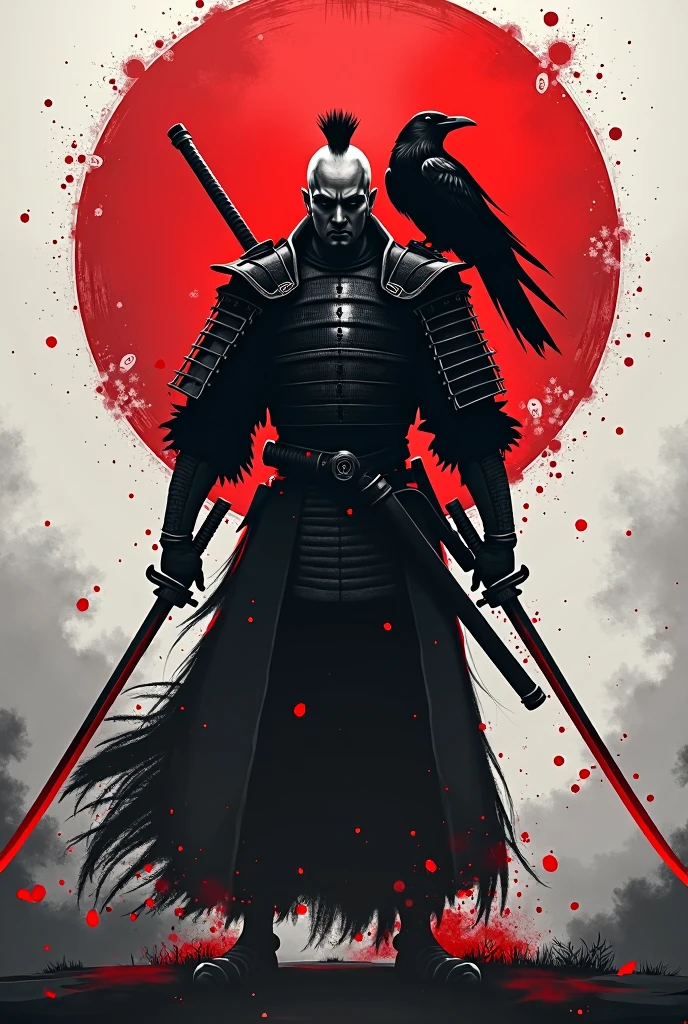 Two-sword samurai with a red aura with a raven on his shoulder in black and white