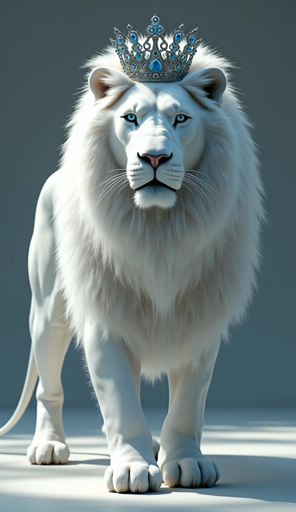 Generate a white lion with a crown with blue details ultra realistic 8k full hd with a bright light on it