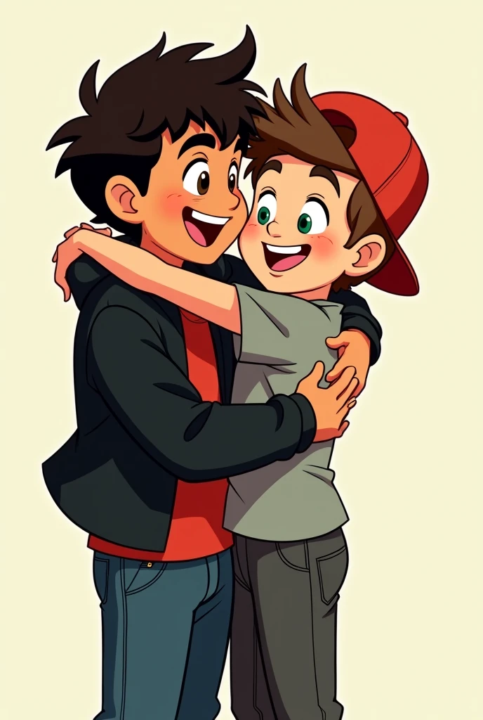 A 1 boy, energetic and with a robust complexion, hugs his 2 best friend, who has a thin complexion, light brown hair and green eyes. The friend is wearing a black jacket, a red T-shirt and dark blue jeans, as well as a red cap. Meanwhile, the 1 boy has very dark and deep brown eyes and black hair. His 2 friend is dressed in a grey T-shirt, a black stool, dark grey pants and black shoes. With the style of an animated series from the 2000s