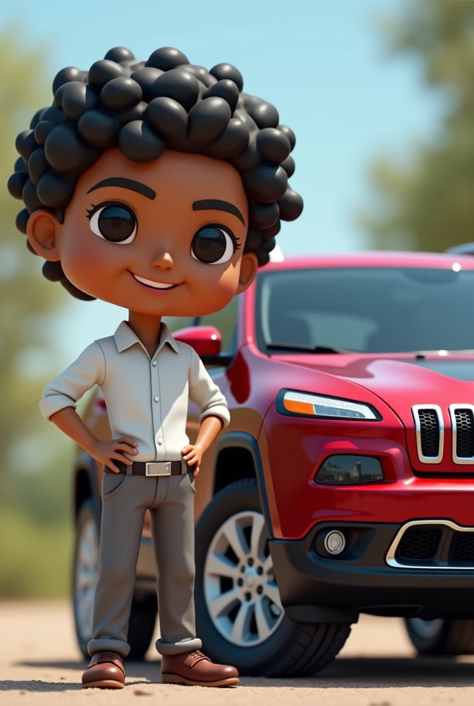 White-skinned male architect with curly wavy black hair next to a red 2016 Jeep Cherokee, funko pop version