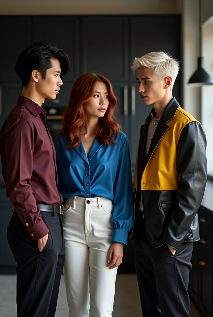 Two male models stand to the sides of a female model. The female is 170 cm, medium-long vibrant maroon wavy hair, pale skin, wearing a blue silk blouse and white pants. One male is 190 cm tall, 2, with short black bowl cut wavy hair, side swept bangs, wearing a dark red dress shirt and black pants, Chinese features. The other shorter male is 181 cm tall, 2, short platinum blond hair, side swept bangs, light skin, wearing a black and yellow black leather jacket, Icelandic features. The three of them are talking inside a modern black kitchen with some French inspiration. Cinematic shot.