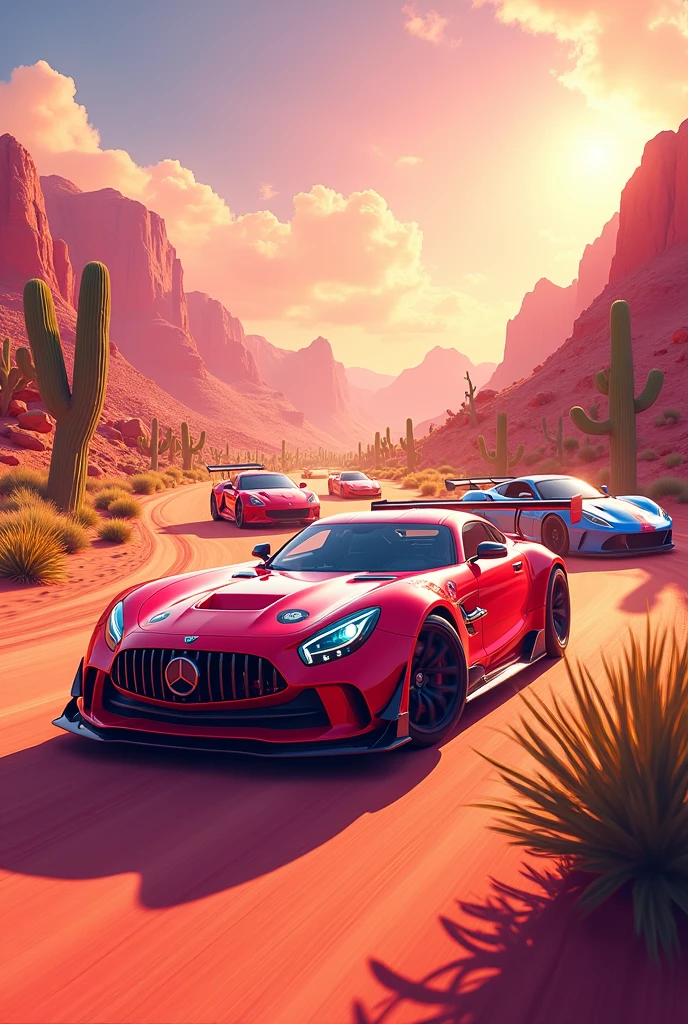 Create a racing track with fashionable cars in the Mexican desert, they are driving forward in the background, the background of mountains, cacti. There is a playground in the foreground. Everything is in golden pink tones. Add more landscape to the front of the picture. On the front of that picture stays pitstop