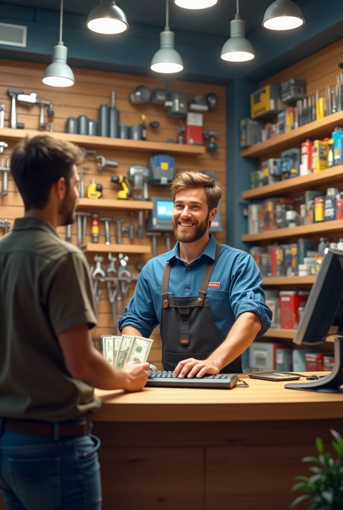 A man of approximately 3, smiling, who is working at the counter of a hardware store and has a computer with a barcode reader, cash drawer and you can see that in the hardware store there are tools like drills, grinders, screwdrivers, hammers etc., There are also surveillance cameras and a screen where surveillance images appear., hay un cliente smiling y pagando en efectivo.