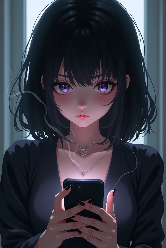 anime, Woman with black hair and purple eyes, smoking, while looking at his cell phone