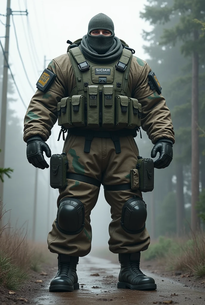 ultra realistic 8k, A white man. Heavy Infantry Army Soldier(ultra reslista). He wears a camouflage balaclava . Muscular and corpulent physique of 2,30 meters high(Realist 8K). He wears a bomb suit