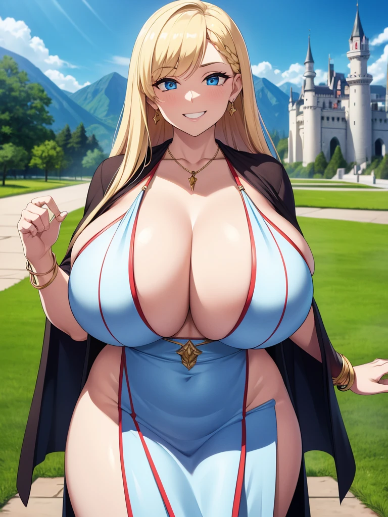 (best quality,4k,8k,highres,masterpiece:1.2), ultra-detailed, UHD, studio lighting, ultra-fine painting,sharp focus, physically-based rendering, extreme detail description, professional, vivid colors, bokeh, sexy woman, mature, milf, huge breasts, large breasts, curvy, voluptuous, blonde hair, sky-blue eyes, long hair, short robes (fantasy desing), bracelets, necklace, earrings, grinning, dynamic pose, solo focus, castle, outdoors