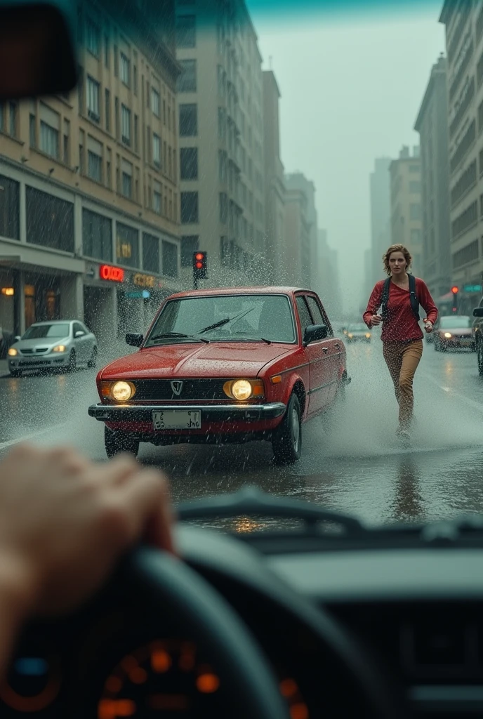 a blonde woman is driving her car in a rainstorm and is splashing a pedestrian passing by in a puddle . The car is coming from the front and you can see the angry face the blonde woman is making when she gets the woman wet.