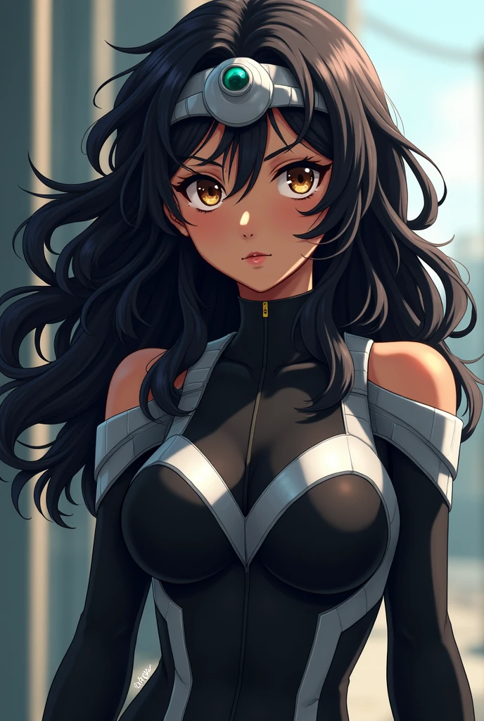 Lily Kirishima has long curly black hair and light brown eyes., her dark skin tone. He wears a black hero suit with silver details and a headband-like device on his head that helps control his Quirk in Boku no Hero Academia. 

