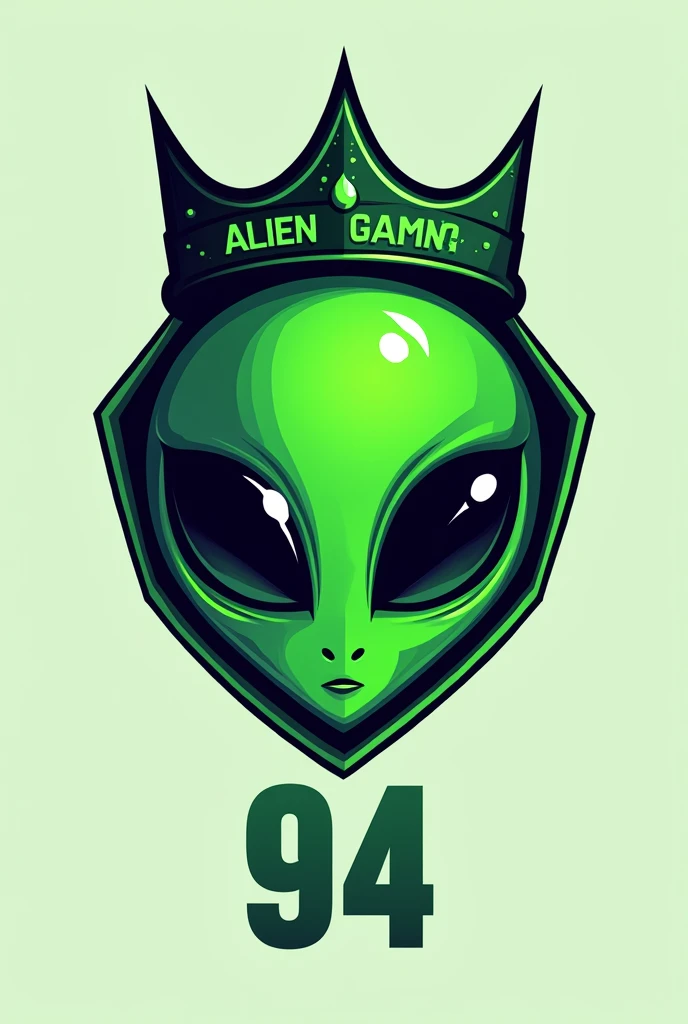 Logo that has only the head of a green alien with black eyes and a crown that says alien gaming and has the number 94
