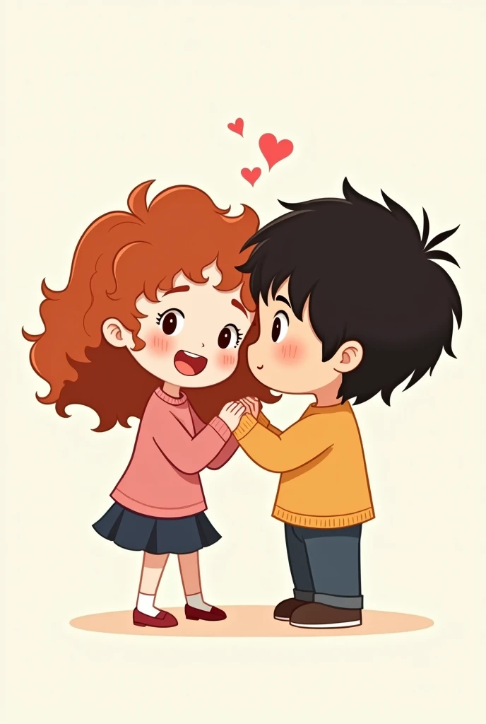 Young woman with curly copper hair, White skin, Brown eyes, with her boyfriend dark straight hair, Brown skin, Chinese race. chibi, tender, funny