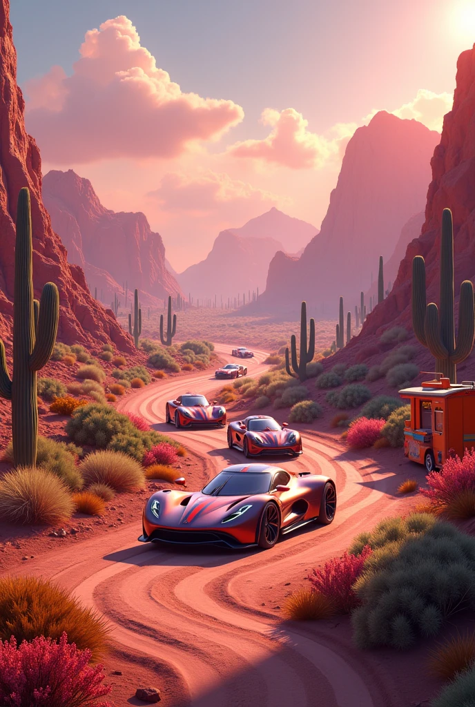Create a racing track with fashionable cars in the Mexican desert, they are driving forward in the background, the background of mountains, cacti. There is a playground in the foreground. Everything is in golden pink tones. Add more landscape to the front of the picture. On the front of that picture stays food truck 