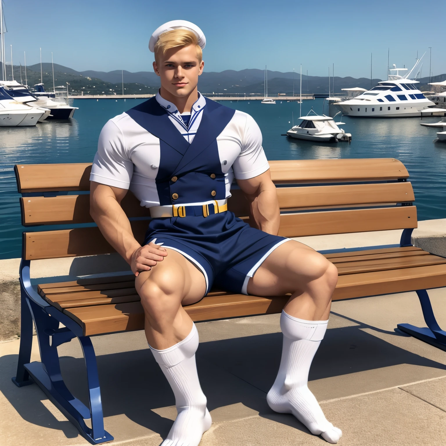 full body view, a blond young musuclar man wearing a sailor suit made out of tight navy blue and white rubber and a steel collar, in white socks , fashion haircut with spikes, sitting in his socks on a bench on the pontoon of the marina of Antibes, showing off his white socked feet, realistic photo