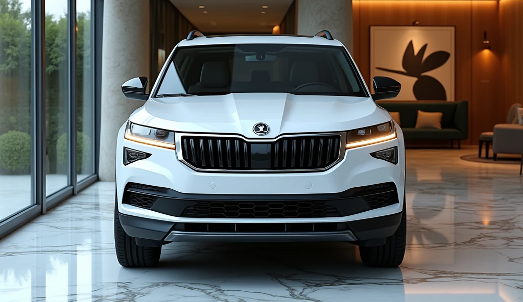 A front angled view of the luxurious New 2025 Skoda Kodiaq in a pristine white color, parked in an upscale showroom. The car's illuminated narrow headlamps and modern, sleek design lines create a striking and sophisticated appearance. The iconic Skoda logo is prominently displayed on the grille, enhancing the vehicle's exclusive feel. The luxurious rims add to the vehicle’s premium aesthetic, highlighting the attention to detail and craftsmanship. The showroom exudes opulence with its polished marble floors, expansive glass walls that let in natural light, and elegant decor, including contemporary art pieces and plush seating. This refined setting perfectly complements the modern and luxurious essence of the Skoda Kodiaq.