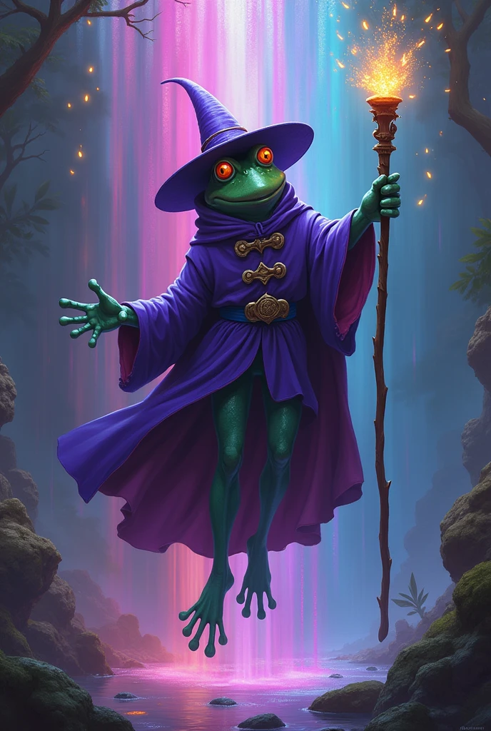 frog wizard with genie-like legs floating wearing a purple cloak, purple hat, raining bullets of ecstasy drugs with magic from his staff