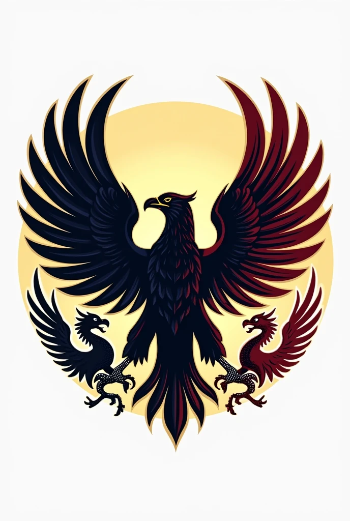 Logo rond  style police, avec des ailes d'aigle, contour de logo au couleur du drapeau belge, présence d'un dragon 