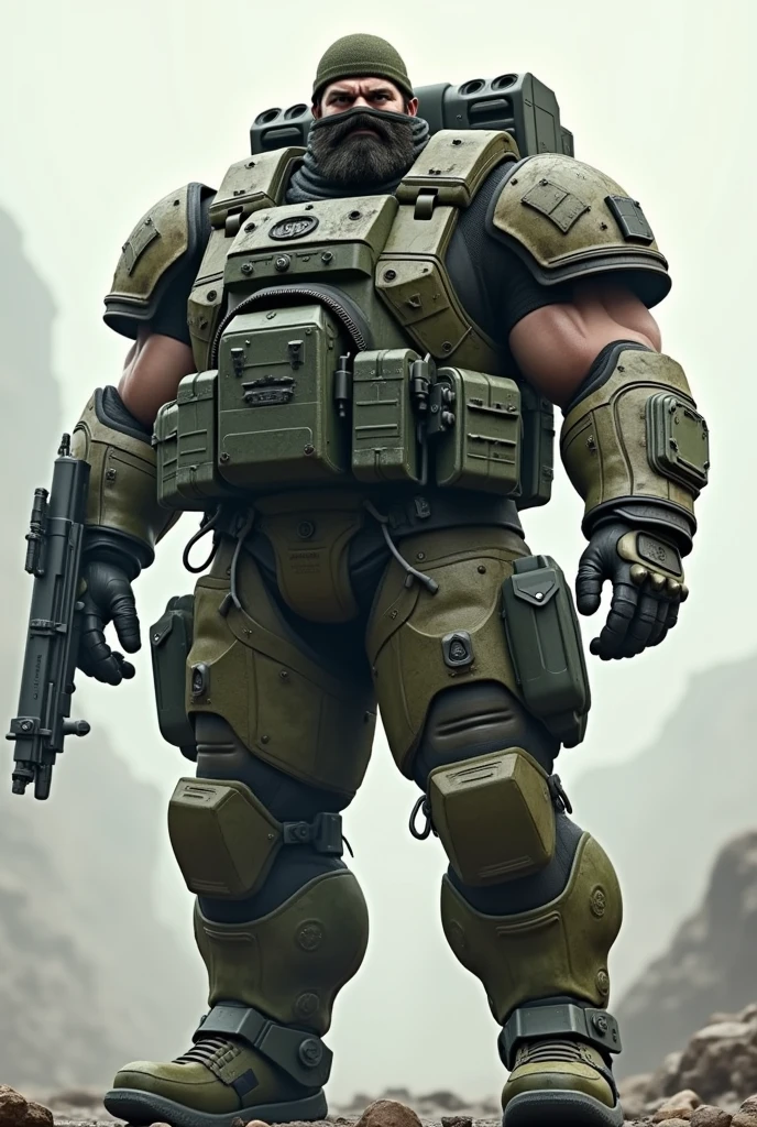 ultra realistic 8k, A white man. Heavy Infantry Army Soldier(ultra reslista). He wears a camouflage balaclava . Muscular and corpulent physique of 2,30 meters high(Realist 8K). He wears an army juggetnaut costume