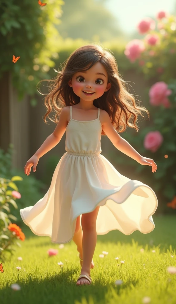 Lilly wearing white skirt a young girl as in the previous image playing in backyard