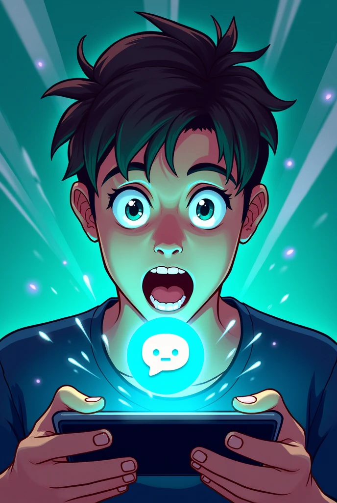 An illustration of a surprised person staring at the screen of a smartphone or laptop, with the ChatGPT logo prominently displayed in the background. The scene is filled with vibrant blues and greens, designed to grab attention. Dynamic light rays burst from the device, creating a visually striking and impactful effect that emphasizes the power and excitement of using ChatGPT.