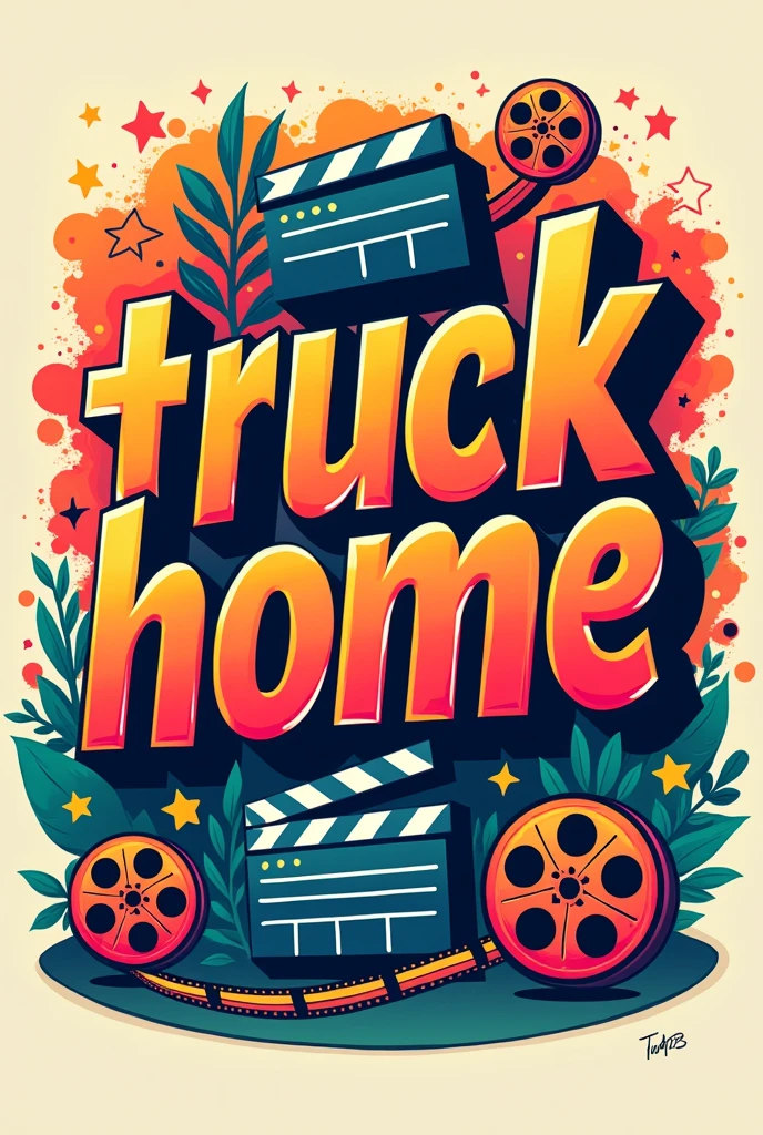 A vibrant and colorful illustration of the text &#39;TRUCKHOME&#39;. The text must be bold and dynamic, with fun typography. Surround the text with film-related elements, like film reels, clapperboards, and stars. Use a lively color palette with bright colors, saturated colors to give a festive and energetic feel. The background should have subtle gradients or abstract patterns that complement the main design., making the whole composition eye-catching and fun.