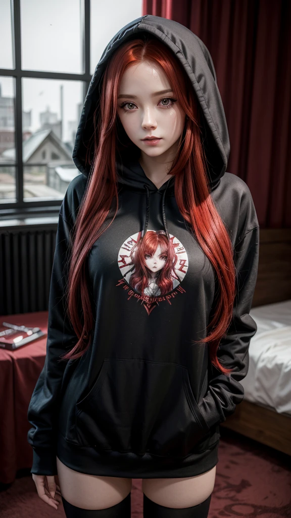 a woman with long red hair wearing a hoodie, gothic art, 3 d anime realistic, crimson attire, legend of the cryptids, beautiful anime art style